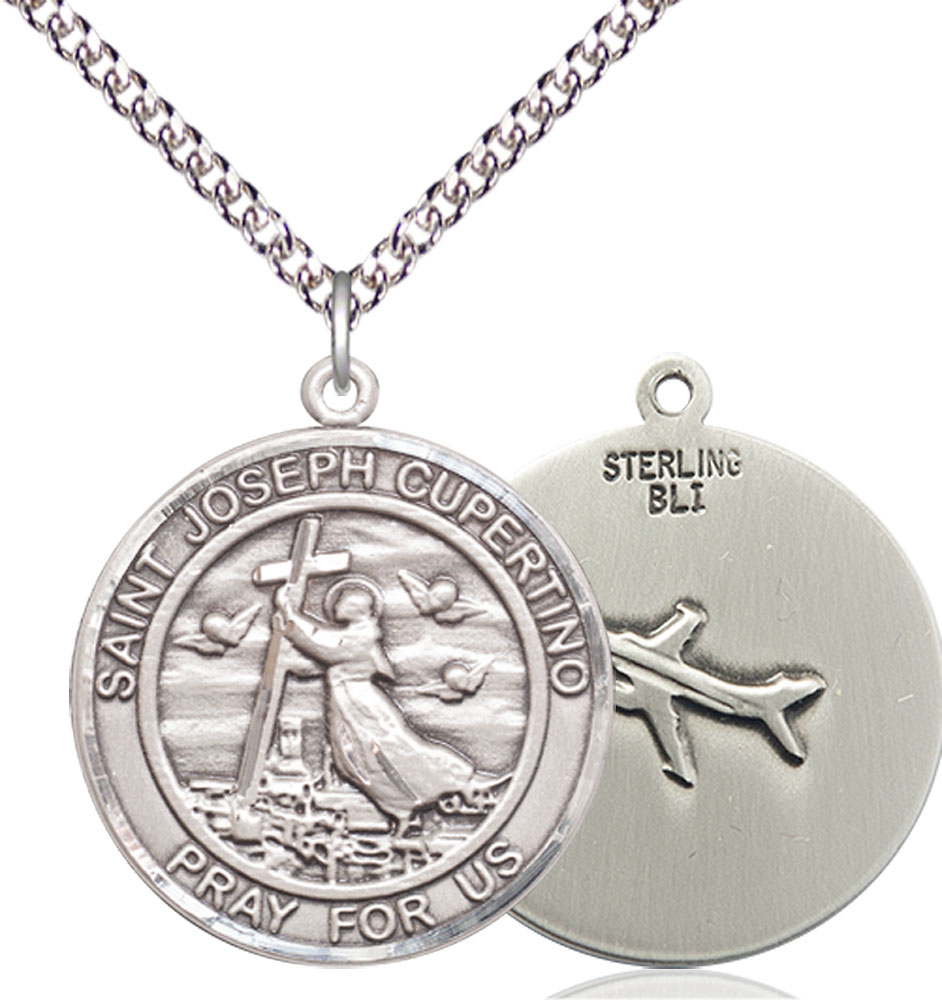 Sterling Silver Saint Joseph of Cupertino Pendant on a 24 inch Sterling Silver Heavy Curb chain
