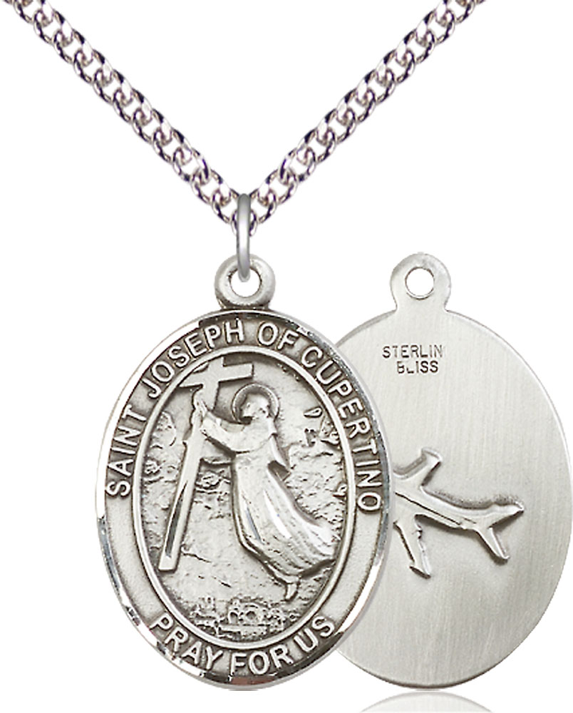 Sterling Silver Saint Joseph of Cupertino Pendant on a 24 inch Sterling Silver Heavy Curb chain