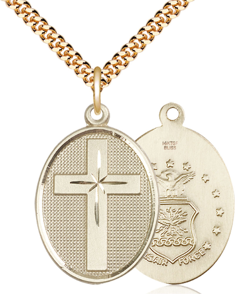 14kt Gold Filled Cross Air Force Pendant on a 24 inch Gold Plate Heavy Curb chain
