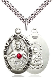 [4028SS-STN7/24S] Sterling Silver Scapular w/ Ruby Stone Pendant with a 3mm Ruby Swarovski stone on a 24 inch Light Rhodium Heavy Curb chain