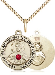 [4058GF-STN7/18G] 14kt Gold Filled Scapular w/ Ruby Stone Pendant with a 3mm Ruby Swarovski stone on a 18 inch Gold Plate Light Curb chain