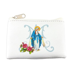 [HI-1647-W202] 3 1/4" x 2 1/2" Our Lady of Grace Image on White Leatherette Rosary Pouch with Zipper Closure