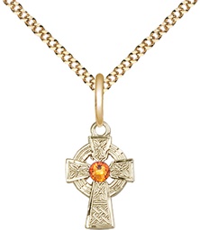 [4133GF-STN11/18G] 14kt Gold Filled Celtic Cross Pendant with a 3mm Topaz Swarovski stone on a 18 inch Gold Plate Light Curb chain