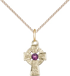 [4133GF-STN2/18GF] 14kt Gold Filled Celtic Cross Pendant with a 3mm Amethyst Swarovski stone on a 18 inch Gold Filled Light Curb chain
