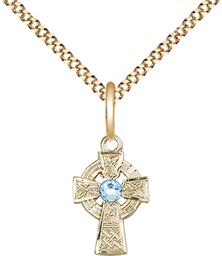 [4133GF-STN3/18G] 14kt Gold Filled Celtic Cross Pendant with a 3mm Aqua Swarovski stone on a 18 inch Gold Plate Light Curb chain