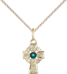 [4133GF-STN5/18GF] 14kt Gold Filled Celtic Cross Pendant with a 3mm Emerald Swarovski stone on a 18 inch Gold Filled Light Curb chain