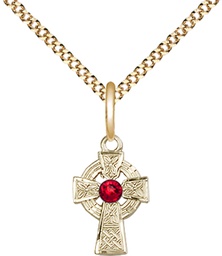 [4133GF-STN7/18G] 14kt Gold Filled Celtic Cross Pendant with a 3mm Ruby Swarovski stone on a 18 inch Gold Plate Light Curb chain