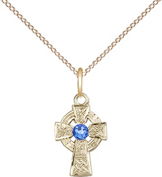 [4133GF-STN9/18GF] 14kt Gold Filled Celtic Cross Pendant with a 3mm Sapphire Swarovski stone on a 18 inch Gold Filled Light Curb chain