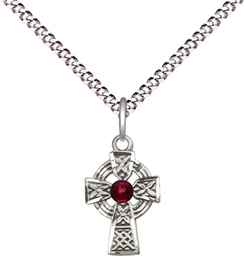 [4133SS-STN1/18S] Sterling Silver Celtic Cross Pendant with a 3mm Garnet Swarovski stone on a 18 inch Light Rhodium Light Curb chain
