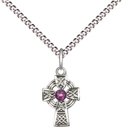 [4133SS-STN2/18S] Sterling Silver Celtic Cross Pendant with a 3mm Amethyst Swarovski stone on a 18 inch Light Rhodium Light Curb chain