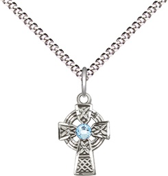 [4133SS-STN3/18S] Sterling Silver Celtic Cross Pendant with a 3mm Aqua Swarovski stone on a 18 inch Light Rhodium Light Curb chain