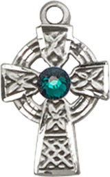 [4133SS-STN5] Sterling Silver Celtic Cross Medal with a 3mm Emerald Swarovski stone