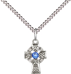 [4133SS-STN9/18S] Sterling Silver Celtic Cross Pendant with a 3mm Sapphire Swarovski stone on a 18 inch Light Rhodium Light Curb chain