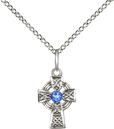 [4133SS-STN9/18SS] Sterling Silver Celtic Cross Pendant with a 3mm Sapphire Swarovski stone on a 18 inch Sterling Silver Light Curb chain