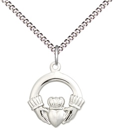 [4138SS/18S] Sterling Silver Claddagh Pendant on a 18 inch Light Rhodium Light Curb chain