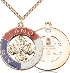 Gold Plate Sterling Silver Land, Sea, Air Pendant on a 24 inch Gold Filled Heavy Curb chain