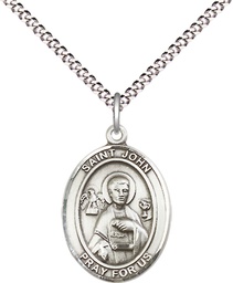 [8056SS/18S] Sterling Silver Saint John the Apostle Pendant on a 18 inch Light Rhodium Light Curb chain