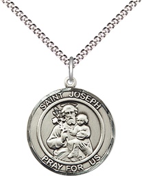 [8058RDSS/18S] Sterling Silver Saint Joseph Pendant on a 18 inch Light Rhodium Light Curb chain