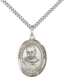 [8073SS/18S] Sterling Silver Saint Maximilian Kolbe Pendant on a 18 inch Light Rhodium Light Curb chain