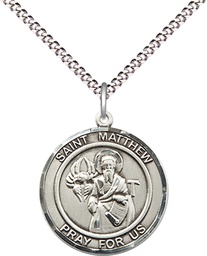 [8074RDSS/18S] Sterling Silver Saint Matthew the Apostle Pendant on a 18 inch Light Rhodium Light Curb chain