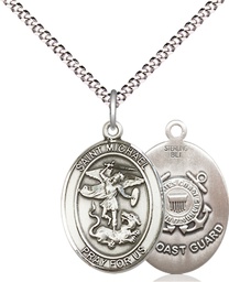 [8076SS3/18S] Sterling Silver Saint Michael Coast Guard Pendant on a 18 inch Light Rhodium Light Curb chain