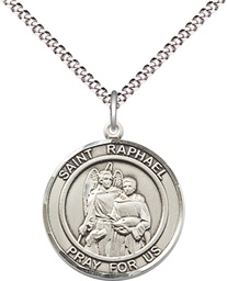 [8092RDSS/18S] Sterling Silver Saint Raphael the Archangel Pendant on a 18 inch Light Rhodium Light Curb chain