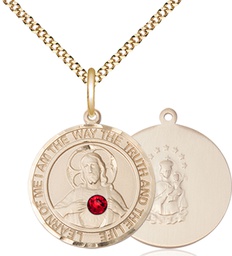 [8098RDGF-STN7/18G] 14kt Gold Filled Scapular - Ruby Stone Pendant with a 3mm Ruby Swarovski stone on a 18 inch Gold Plate Light Curb chain