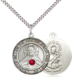 [8098RDSS-STN7/18S] Sterling Silver Scapular - Ruby Stone Pendant with a 3mm Ruby Swarovski stone on a 18 inch Light Rhodium Light Curb chain