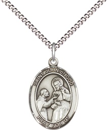 [8112SS/18S] Sterling Silver Saint John of God Pendant on a 18 inch Light Rhodium Light Curb chain
