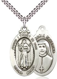 [4145DMSS/24S] Sterling Silver Divine Mercy Pendant on a 24 inch Light Rhodium Heavy Curb chain