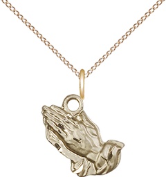 [4219GF/18GF] 14kt Gold Filled Praying Hands Pendant on a 18 inch Gold Filled Light Curb chain