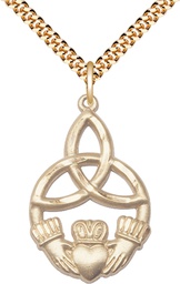 [5102GF/24G] 14kt Gold Filled Irish Knot Claddagh Pendant on a 24 inch Gold Plate Heavy Curb chain