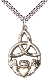 [5102SS/24S] Sterling Silver Irish Knot Claddagh Pendant on a 24 inch Light Rhodium Heavy Curb chain