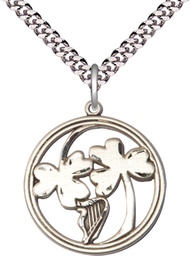 [5104SS/24S] Sterling Silver Irish Shamrock Harp Pendant on a 24 inch Light Rhodium Heavy Curb chain