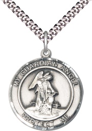 [7118RDSS/24S] Sterling Silver Guardian Angel Pendant on a 24 inch Light Rhodium Heavy Curb chain