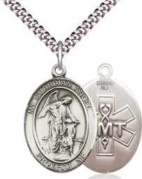 [7118SS10/24S] Sterling Silver Guardian Angel EMT Pendant on a 24 inch Light Rhodium Heavy Curb chain