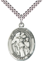 [7439SS/24S] Sterling Silver Guardian Angel w/Children Pendant on a 24 inch Light Rhodium Heavy Curb chain