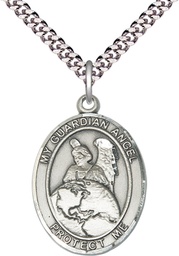 [7440SS/24S] Sterling Silver Guardian Angel Protector Pendant on a 24 inch Light Rhodium Heavy Curb chain