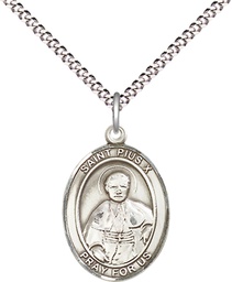 [8305SS/18S] Sterling Silver Saint Pius X Pendant on a 18 inch Light Rhodium Light Curb chain