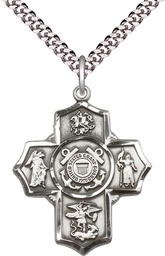 [5790SS3/24S] Sterling Silver 5-Way Coast Guard Pendant on a 24 inch Light Rhodium Heavy Curb chain