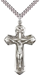[0650SS/24S] Sterling Silver Crucifix Pendant on a 24 inch Light Rhodium Heavy Curb chain