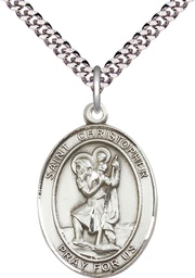 [7022SS/24S] Sterling Silver Saint Christopher Pendant on a 24 inch Light Rhodium Heavy Curb chain