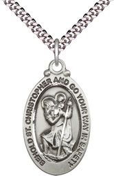 [4145CSS/24S] Sterling Silver Saint Christopher Pendant on a 24 inch Light Rhodium Heavy Curb chain