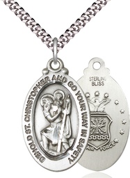 [4145SS1/24S] Sterling Silver Saint Christopher Air Force Pendant on a 24 inch Light Rhodium Heavy Curb chain