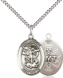 [8076SS10/18S] Sterling Silver Saint Michael EMT Pendant on a 18 inch Light Rhodium Light Curb chain