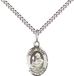 [9028SS/18S] Sterling Silver Saint Clare of Assisi Pendant on a 18 inch Light Rhodium Light Curb chain