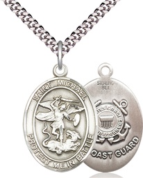 [1173SS3/24S] Sterling Silver Saint Michael Coast Guard Pendant on a 24 inch Light Rhodium Heavy Curb chain