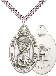 [1175SS2/24S] Sterling Silver Saint Christopher Army Pendant on a 24 inch Light Rhodium Heavy Curb chain