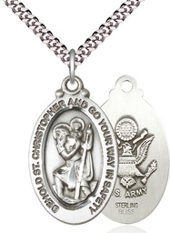 [4145SS2/24S] Sterling Silver Saint Christopher Army Pendant on a 24 inch Light Rhodium Heavy Curb chain
