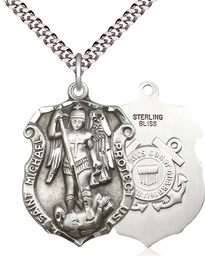 [5448SS3/24S] Sterling Silver Saint Michael Coast Guard Pendant on a 24 inch Light Rhodium Heavy Curb chain